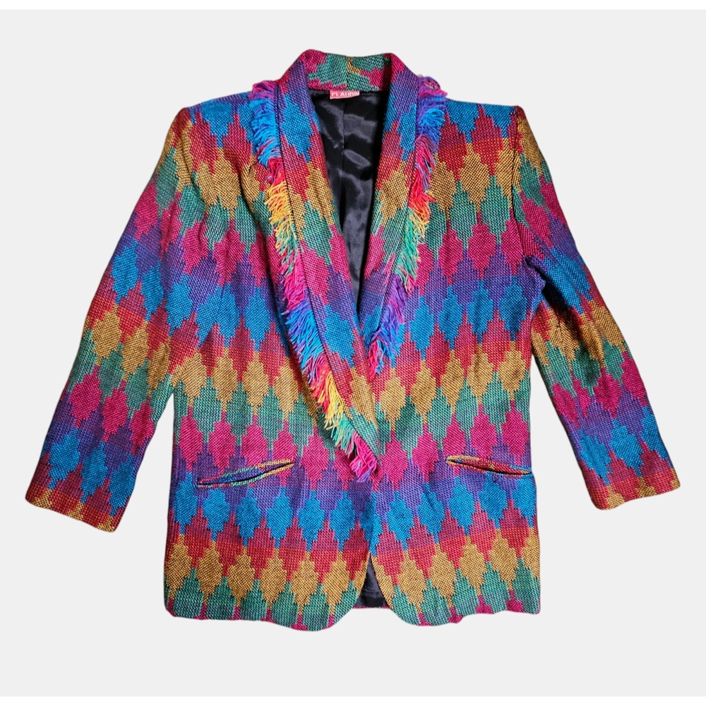 Vintage Claude Rainbow Aztec‎ Fringe Acrylic Blazer Clowncore M Pockets Lined